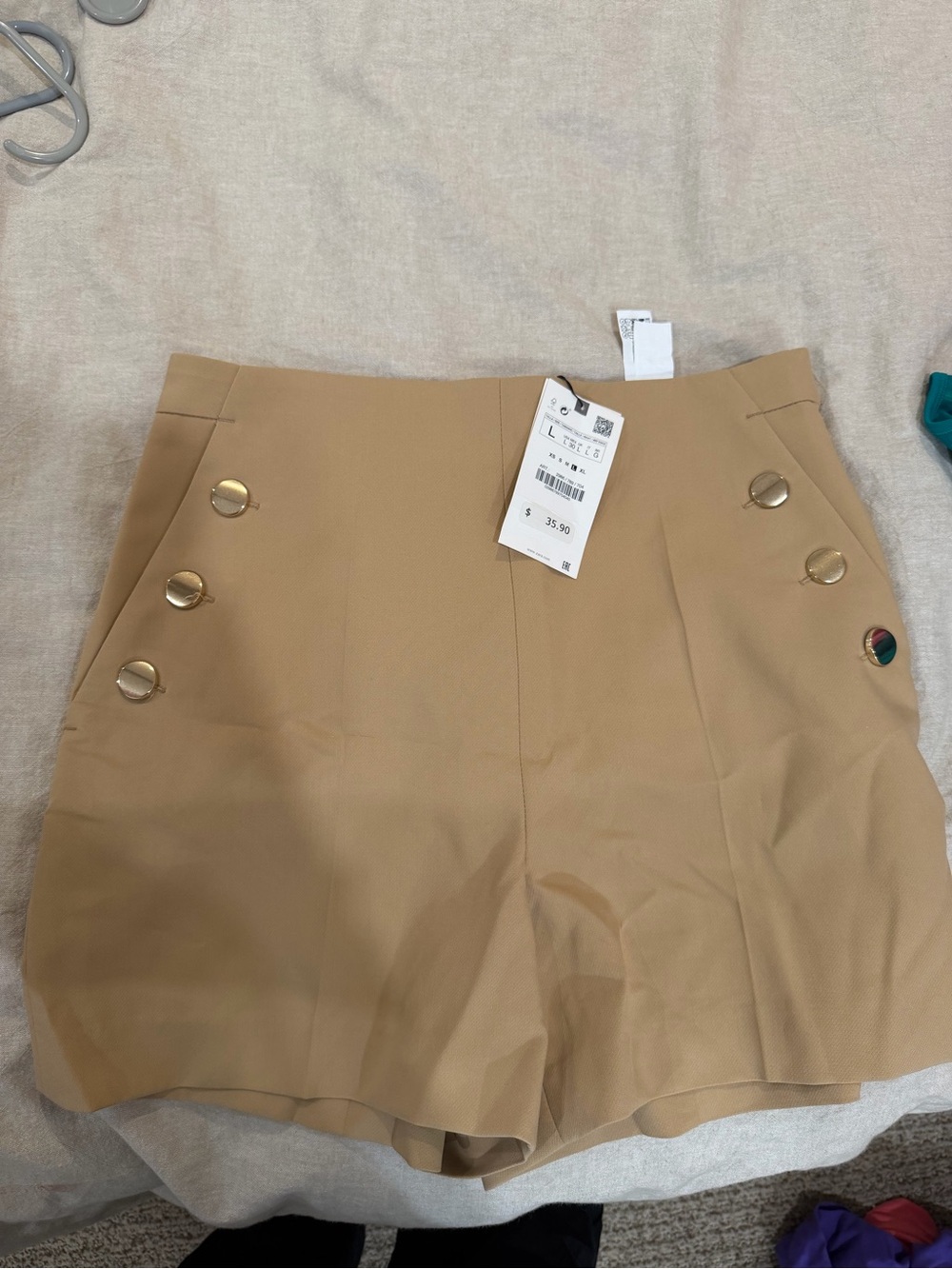 Zara High-Waist Tan Women’s Shorts with Gold Buttons